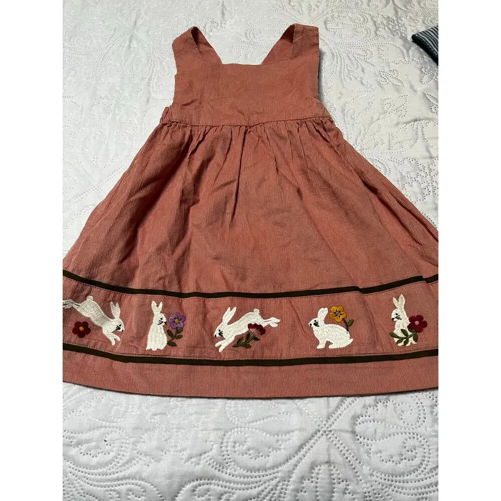 NWT Mini Boden Corduroy Bunny Appliqué Pinafore Dress Size 18-24m